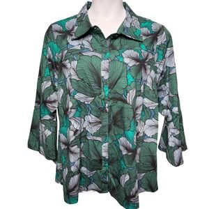 MASSEYS Green‎ Floral Tropical Button Front Tunic Top 2X Bell Sleeve Lagenlook